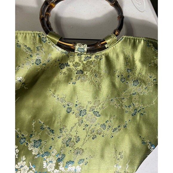 Unbranded Handbags - Asian Inspired Green Floral Handbag Brown Bamboo Handles